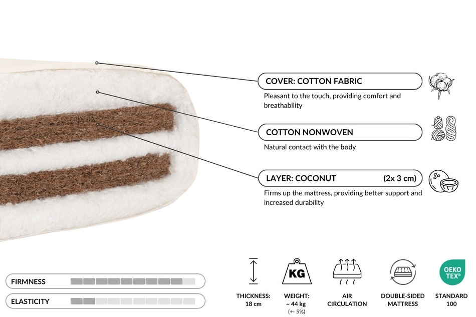 Futon Mattress 180x200 with coconut - Medium Duo Coco - Pascall Ecru