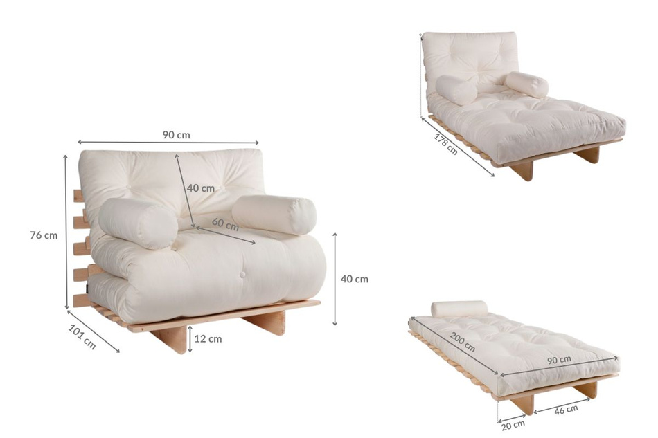 Sofa Bed Futon 90x200 - Slim Basic Classic - Pascall Kedro Ecru
